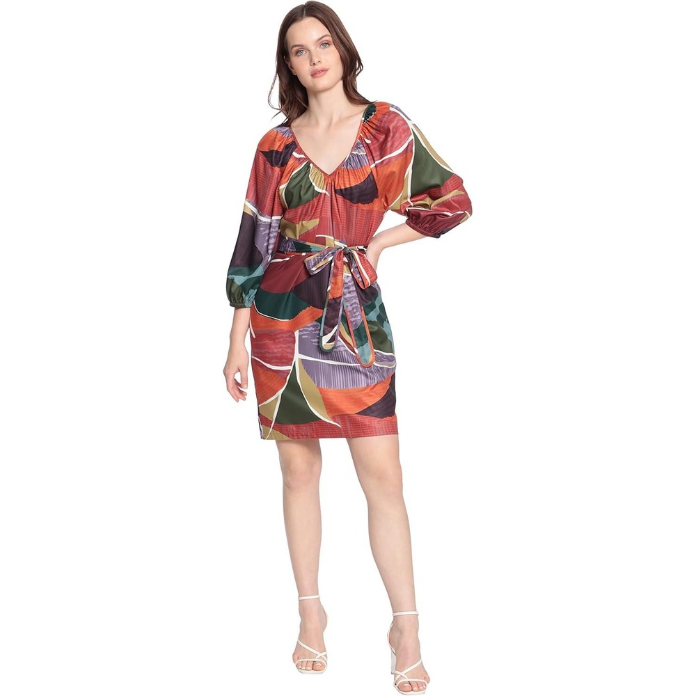 Donna Morgan Womens Abstract Print‎ Balloon Sleeve Tie Waist Dress Size 14